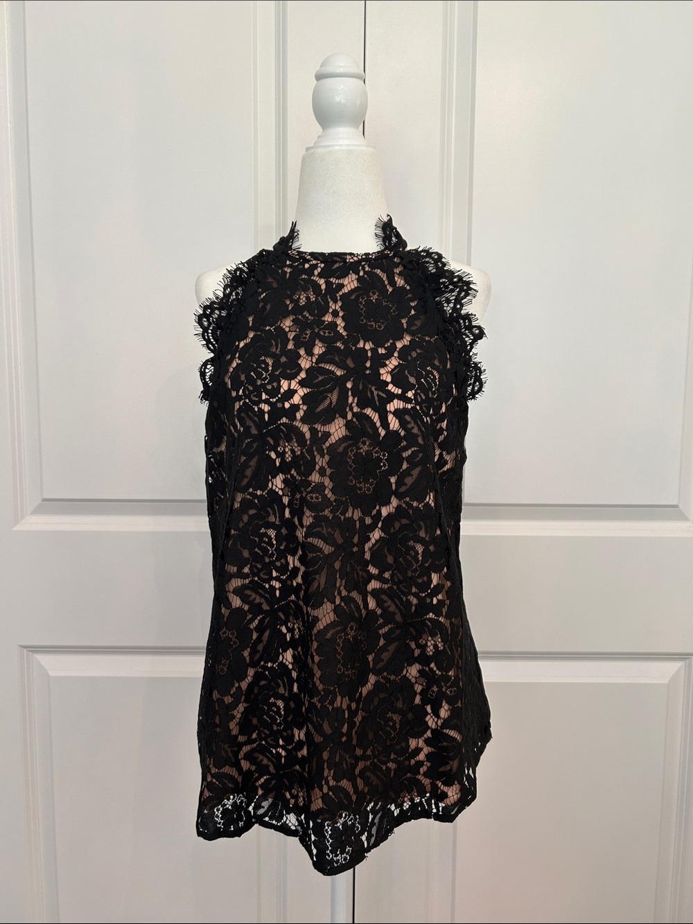 eesome Black Lace Halter Top with Nude Underlay